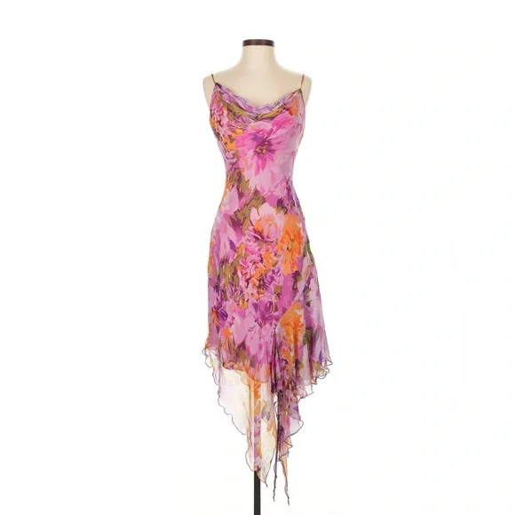 Vintage Cache Silk Fairy Asymmetrical Dress 90s y2k Slip Hi Low Floral Cowl Neck - Picture 2 of 7